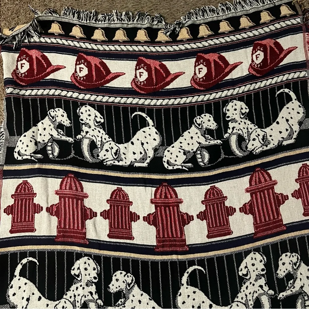 Vintage Crown Crafts Firefighter Fireman Dalmation Dogs Tapestry Blanket Throw